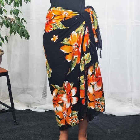 Paréo noir et orange motif hibiscus