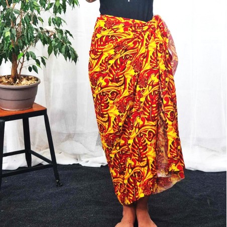 Paréo couleur jaune motif feuillage rouge