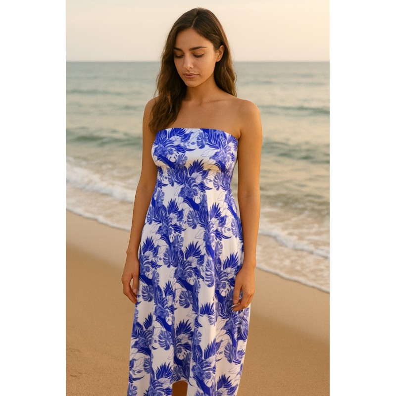 Robe bustier froncé motifs flore et feuillage tropicale couleur bleu et blanc