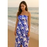 Robe bustier froncé motifs flore et feuillage tropicale couleur bleu et blanc