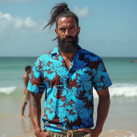Chemise hawaienne couleurs chocolat turquoise  motif chemin tropical