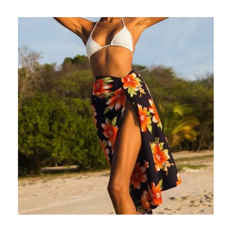 Paréo noir et orange motif hibiscus