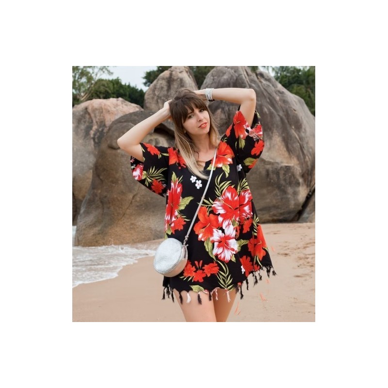 Tunique Femme couleur noir et rouge motif fleurs hibiscus