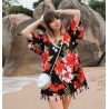 Tunique Femme couleur noir et rouge motif fleurs hibiscus