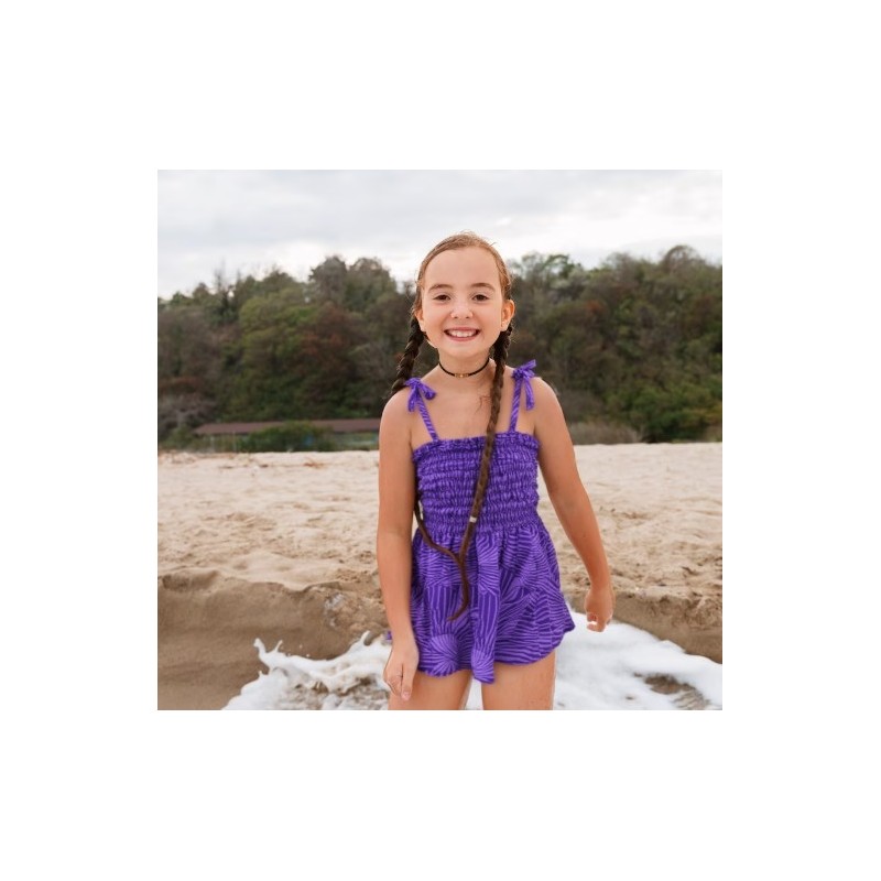 robe enfant couleur violette motif feuillage tropical stylisé