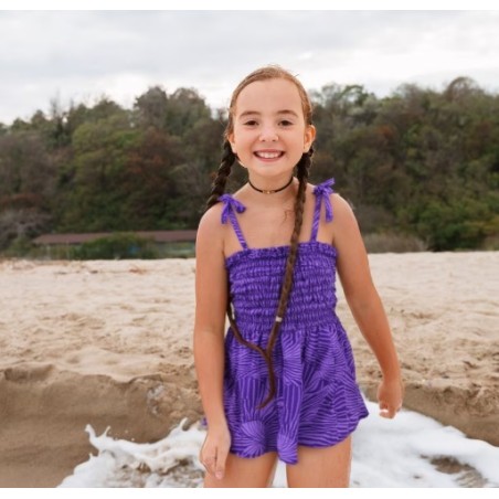 robe enfant couleur violette motif feuillage tropical stylisé