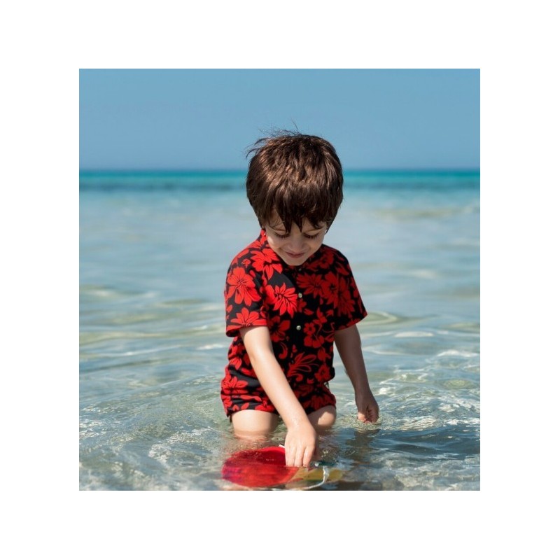 Chemise Hawaïenne enfant noire hibiscus rouge