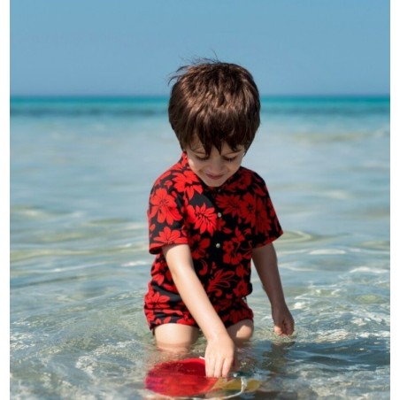 Chemise Hawaïenne enfant noire hibiscus rouge