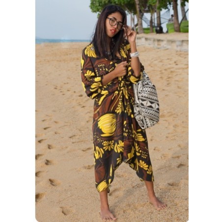 Paréo fleurie noir, marron et or  motifs fleurs