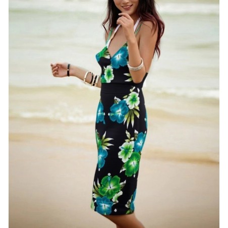 Paréo noir motif imprimé hibiscus vert