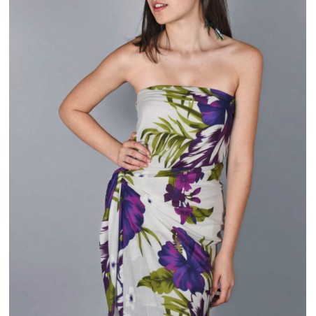 Paréo fond blanc motif hibiscus violet