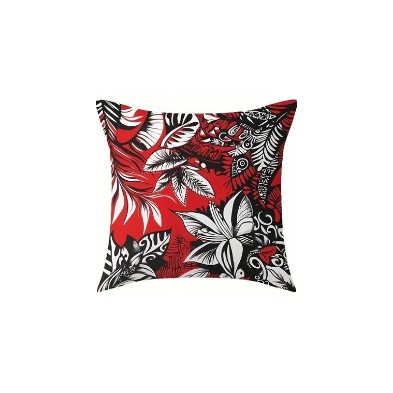 Housse de Coussin feuillage tropical noir et rouge