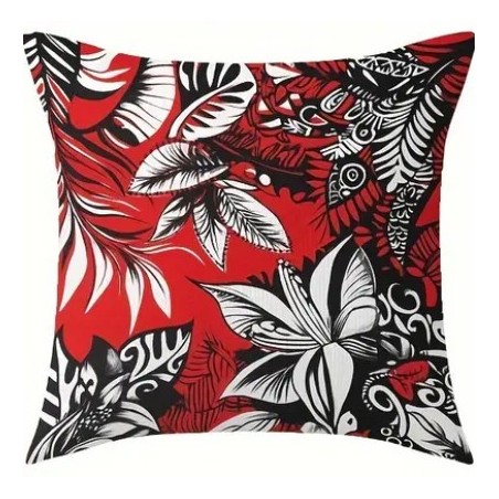 Housse de Coussin feuillage tropical noir et rouge