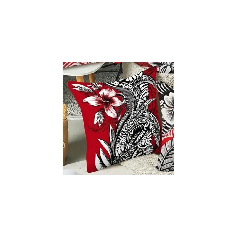 Housse de Coussin hibiscus et tatouage noir et rouge