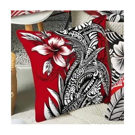 Housse de Coussin hibiscus et tatouage noir et rouge