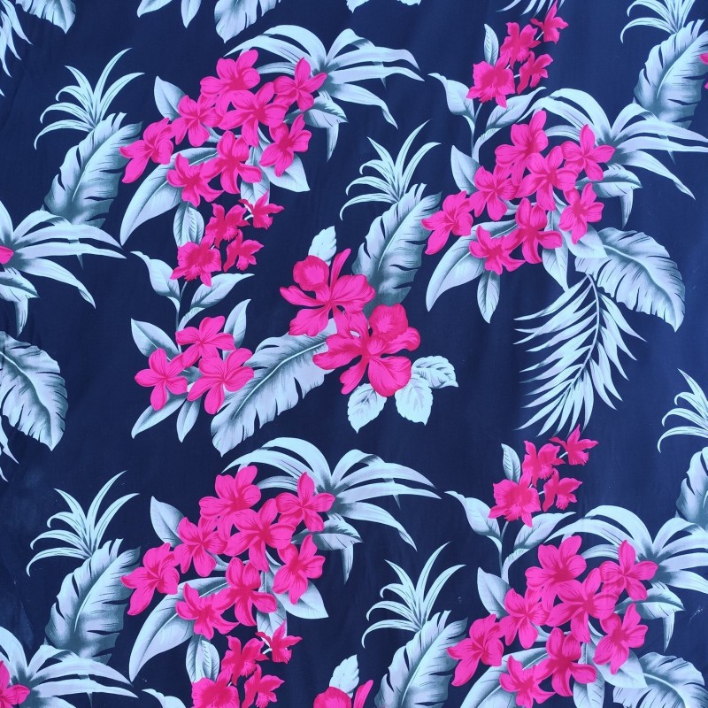 Tissi fleuri fond noir motifs fleurs de frangipane couleurs rose et argent
