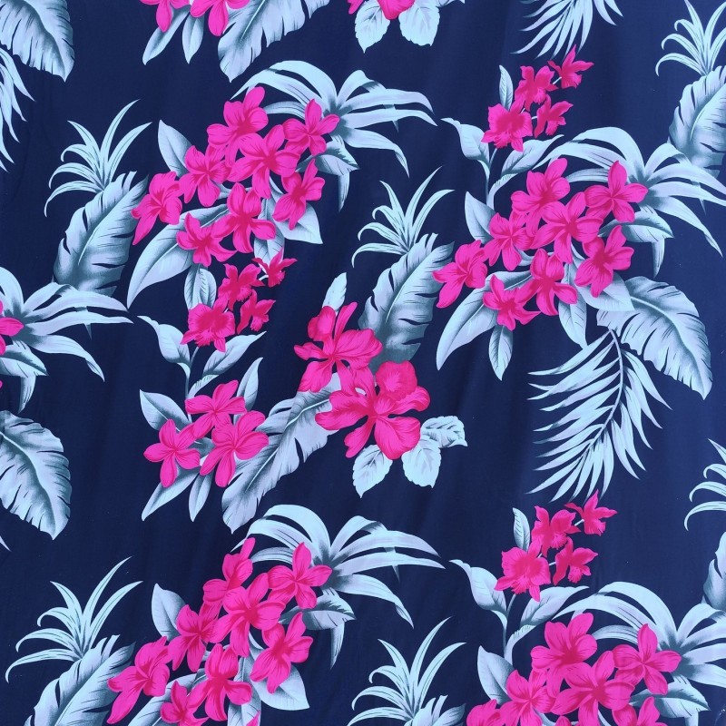 Tissi fleuri fond noir motifs fleurs de frangipane couleurs rose et argent