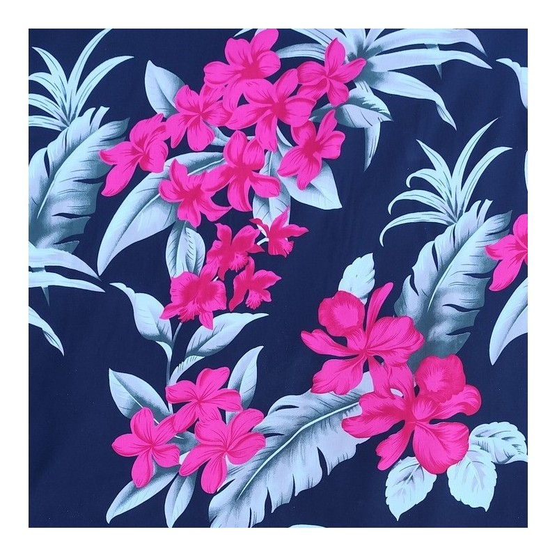 Tissi fleuri fond noir motifs fleurs de frangipane couleurs rose et argent