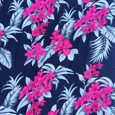 Tissi fleuri fond noir motifs fleurs de frangipane couleurs rose et argent