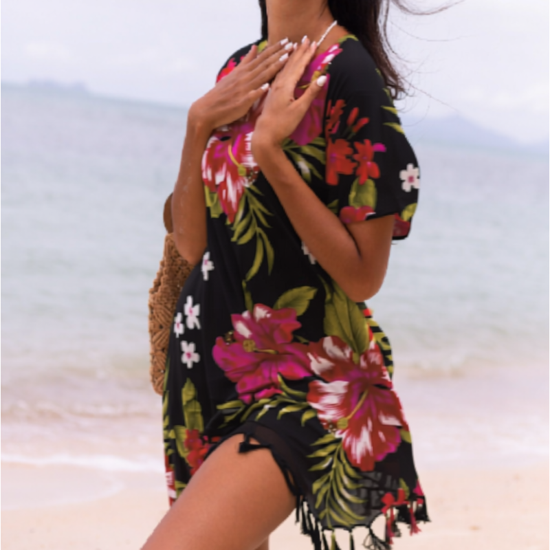 Tunique Femme couleur noir et rose motif imprimé estival