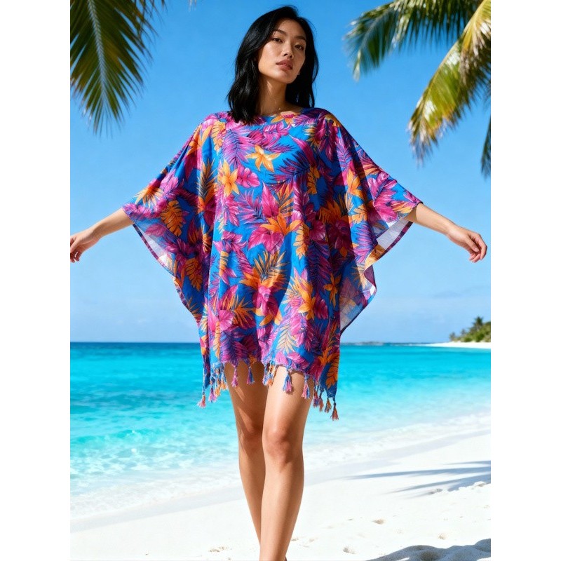 Tunique Femme couleurs bleu, rose et orange motifs fleurs d'été