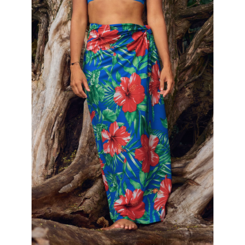 Paréo Bleu motifs gros hibiscus rouge flamboyant