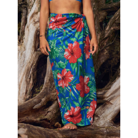 Paréo Bleu motifs gros hibiscus rouge flamboyant