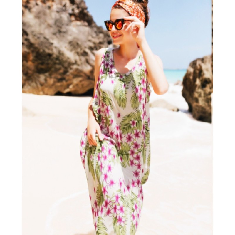 Robe tunique blanche grande taille motifs fleurs de frangipane