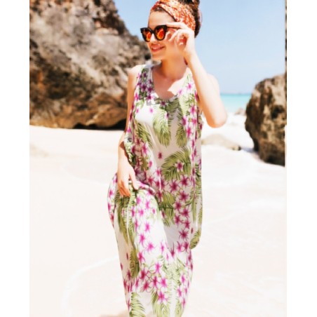 Robe tunique blanche grande taille motifs fleurs de frangipane