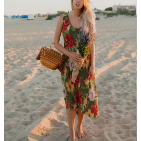 Robe tunique femme couleur noir motifs hibiscus