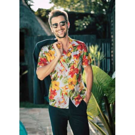 Chemise hawaienne blanche fleurs hibiscus Maupiti