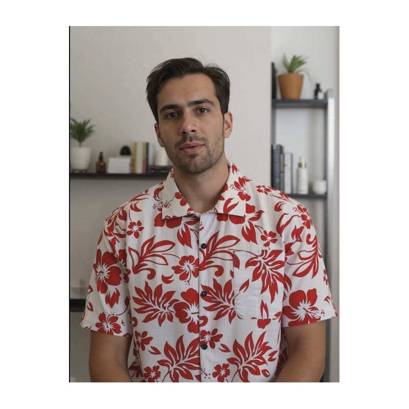Chemise Hawaïenne hibiscus rouge fond blanc