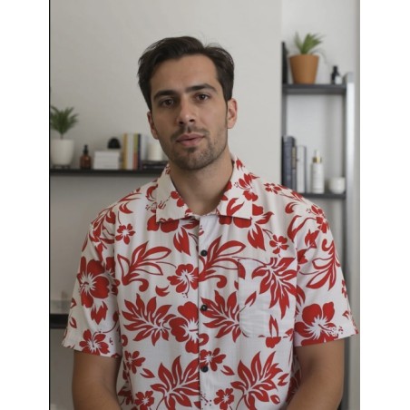 Chemise Hawaïenne hibiscus rouge fond blanc