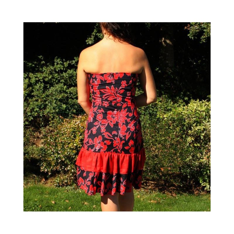 Tissu  fleuri rouge et noir hibiscus