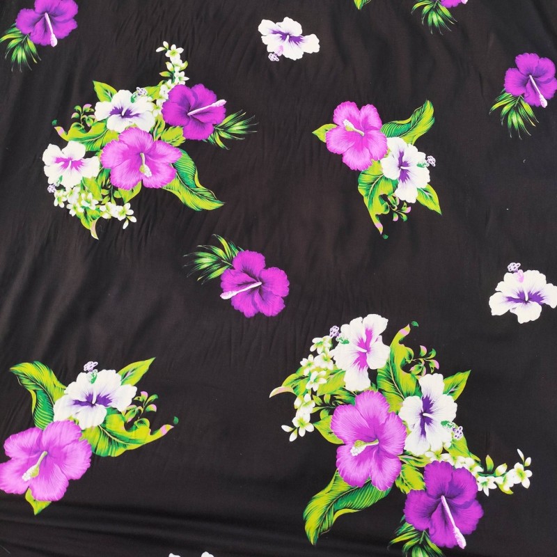 Tissu noir quadruple hibiscus violet, tropical tahitien