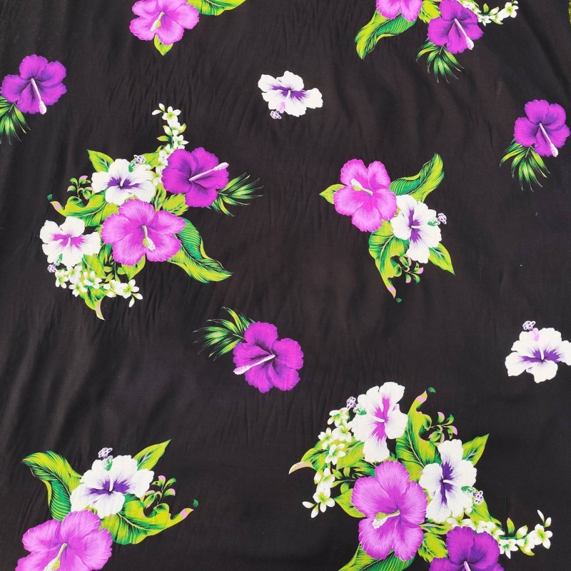 Tissu noir quadruple hibiscus violet, tropical tahitien