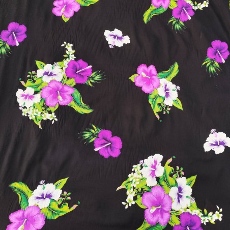 Tissu noir quadruple hibiscus violet, tropical tahitien