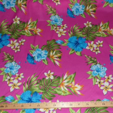 Tissu  fleuri rouge et noir hibiscus