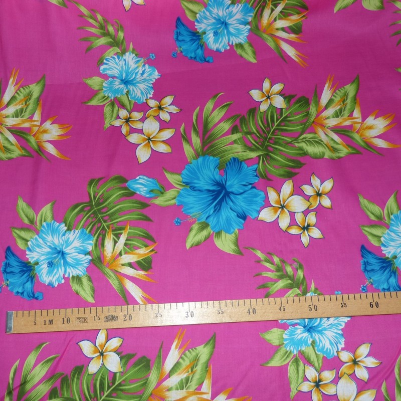 Tissu  fleuri rouge et noir hibiscus