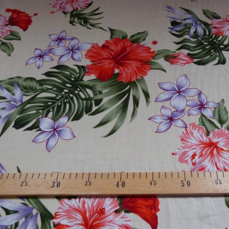 Tissu  fleuri rouge et noir hibiscus