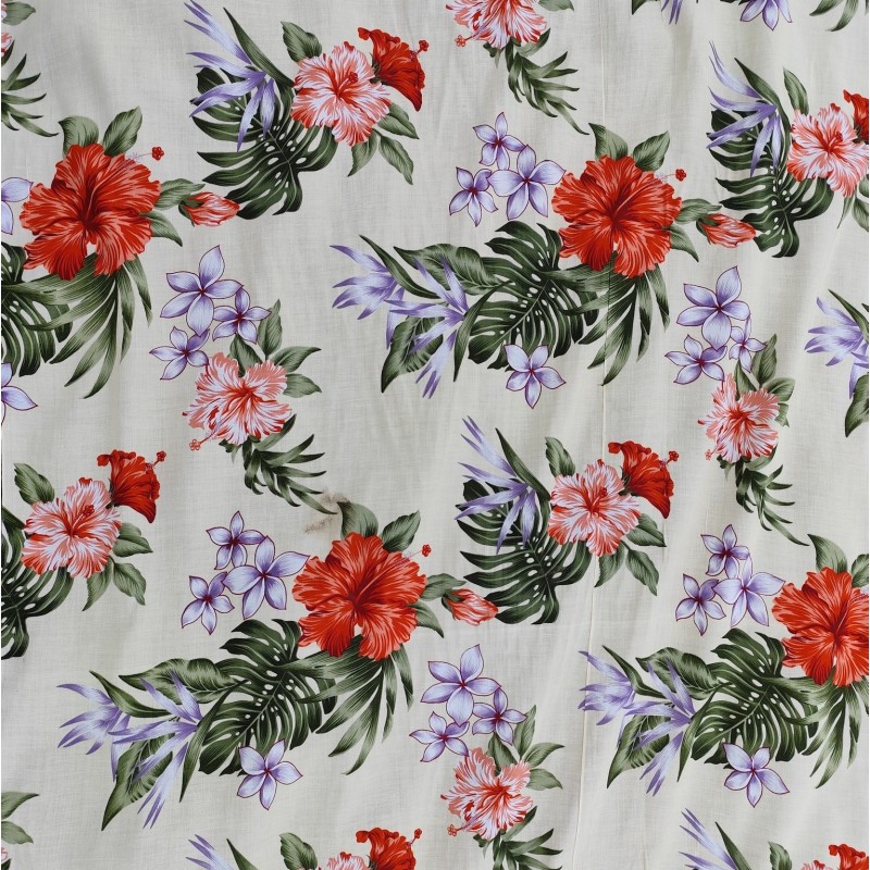 Tissu  fleuri rouge et noir hibiscus
