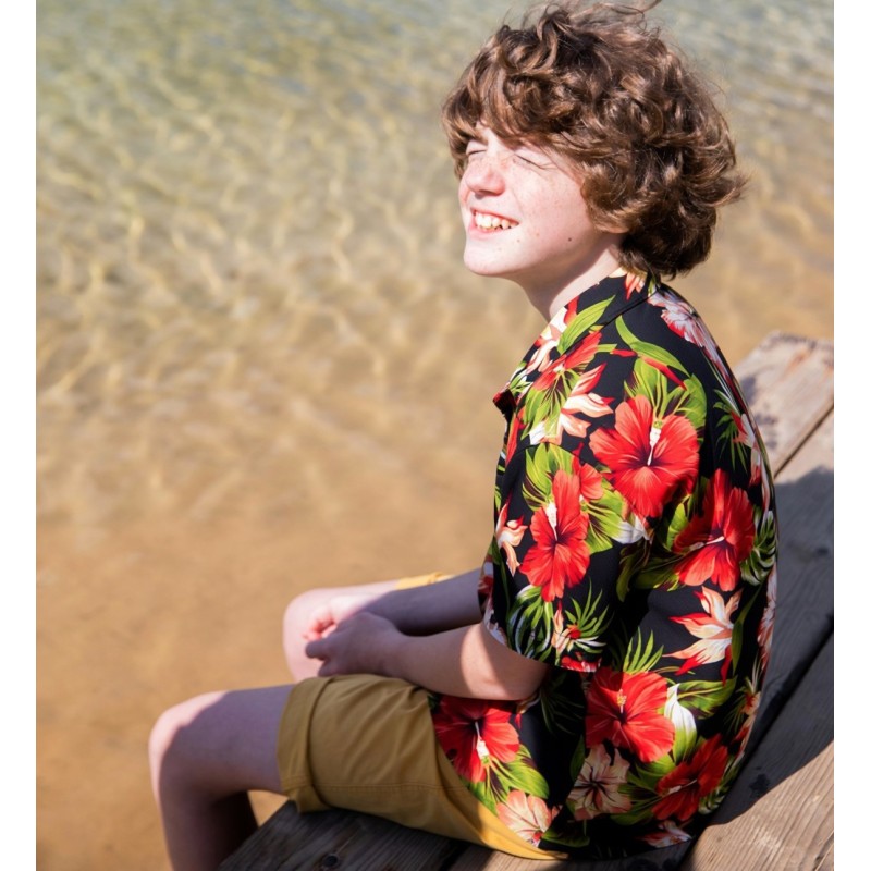 Chemise hawaïenne garçon Maupiti noire, élégante et légère