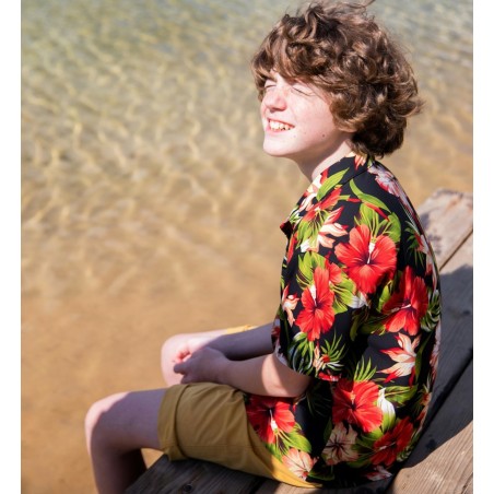 Chemise hawaïenne garçon Maupiti noire, élégante et légère