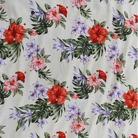 Tissu  fleuri rouge et noir hibiscus
