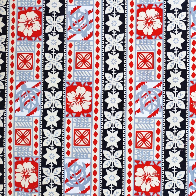Tissu  fleuri rouge et noir hibiscus