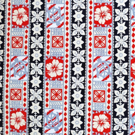 Tissu  fleuri rouge et noir hibiscus