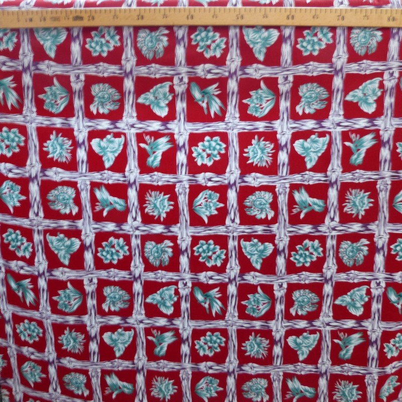 Tissu  fleuri rouge et noir hibiscus