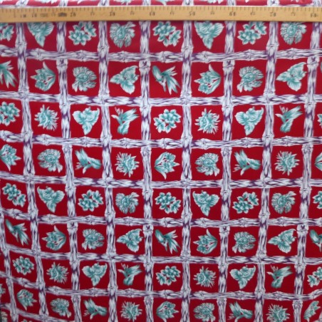 Tissu  fleuri rouge et noir hibiscus