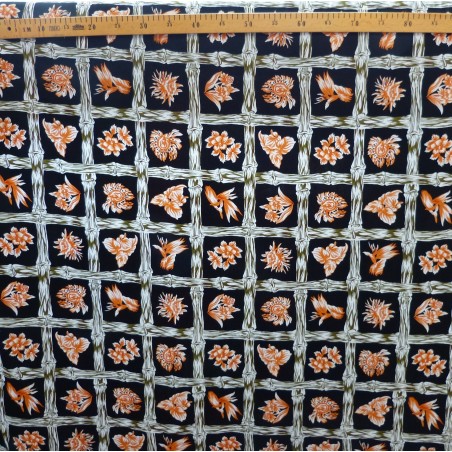 Tissu  fleuri rouge et noir hibiscus