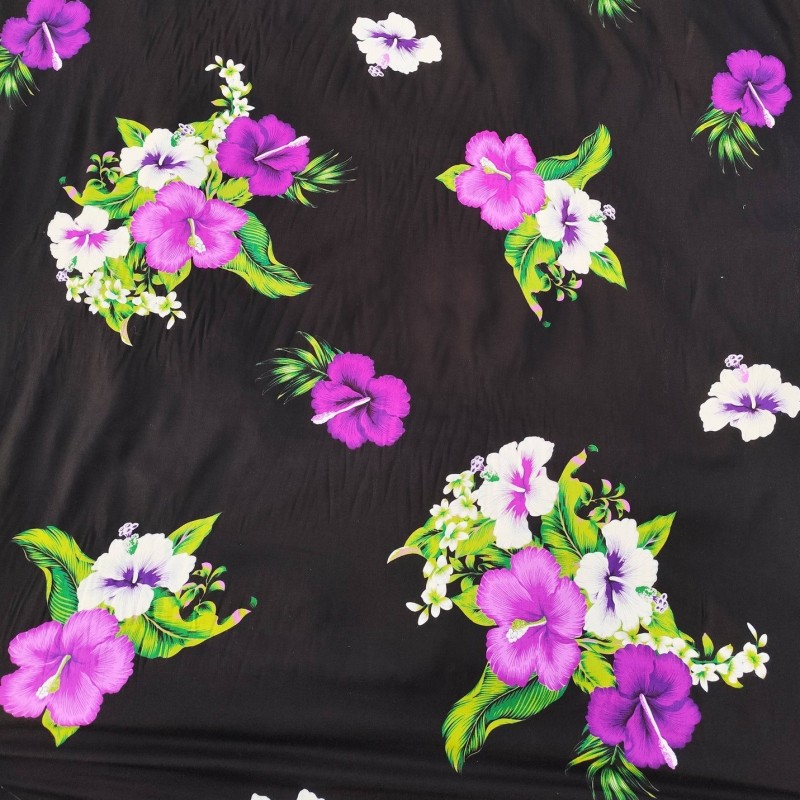 Tissu  fleuri rouge et noir hibiscus